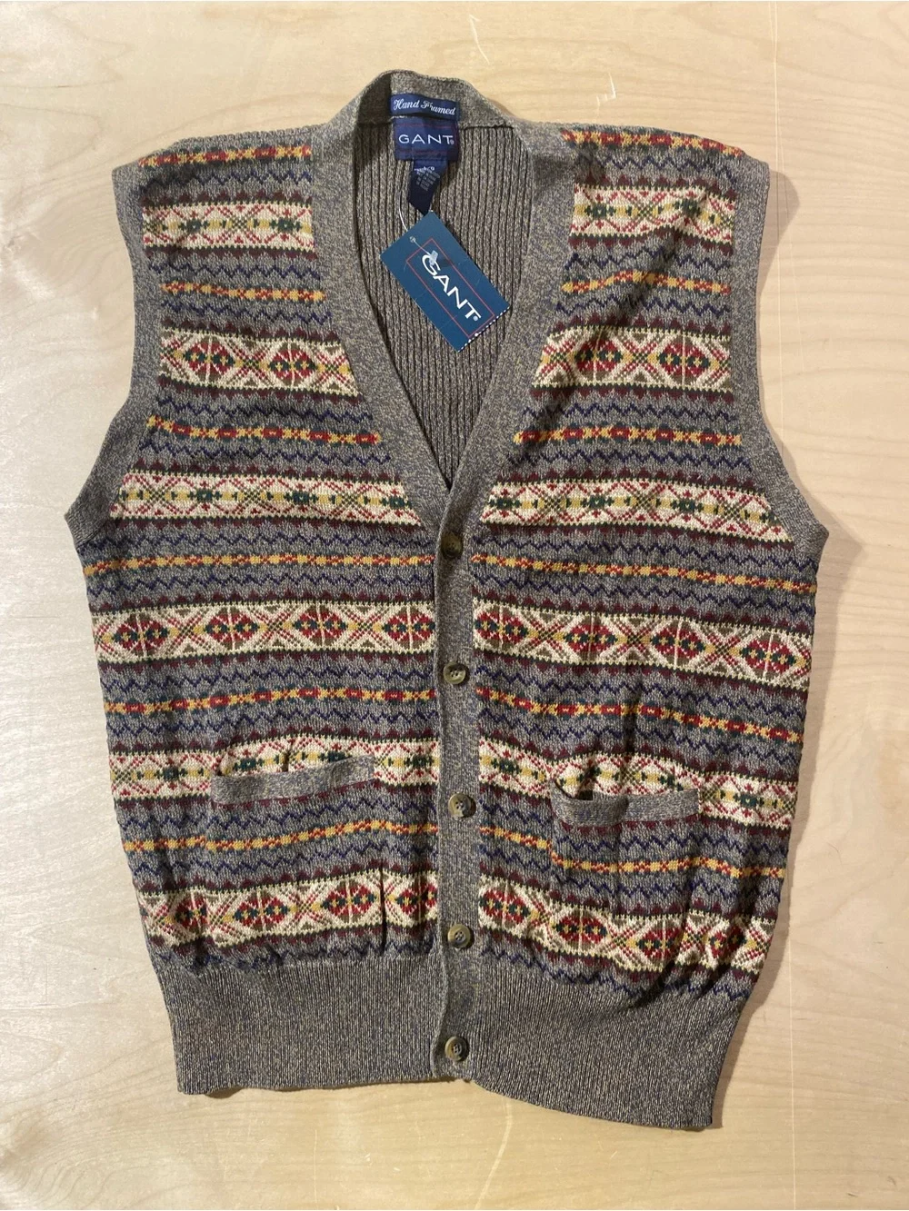 Gant Men's Gray-Brown Fair Isle Button Vest Large (SW)